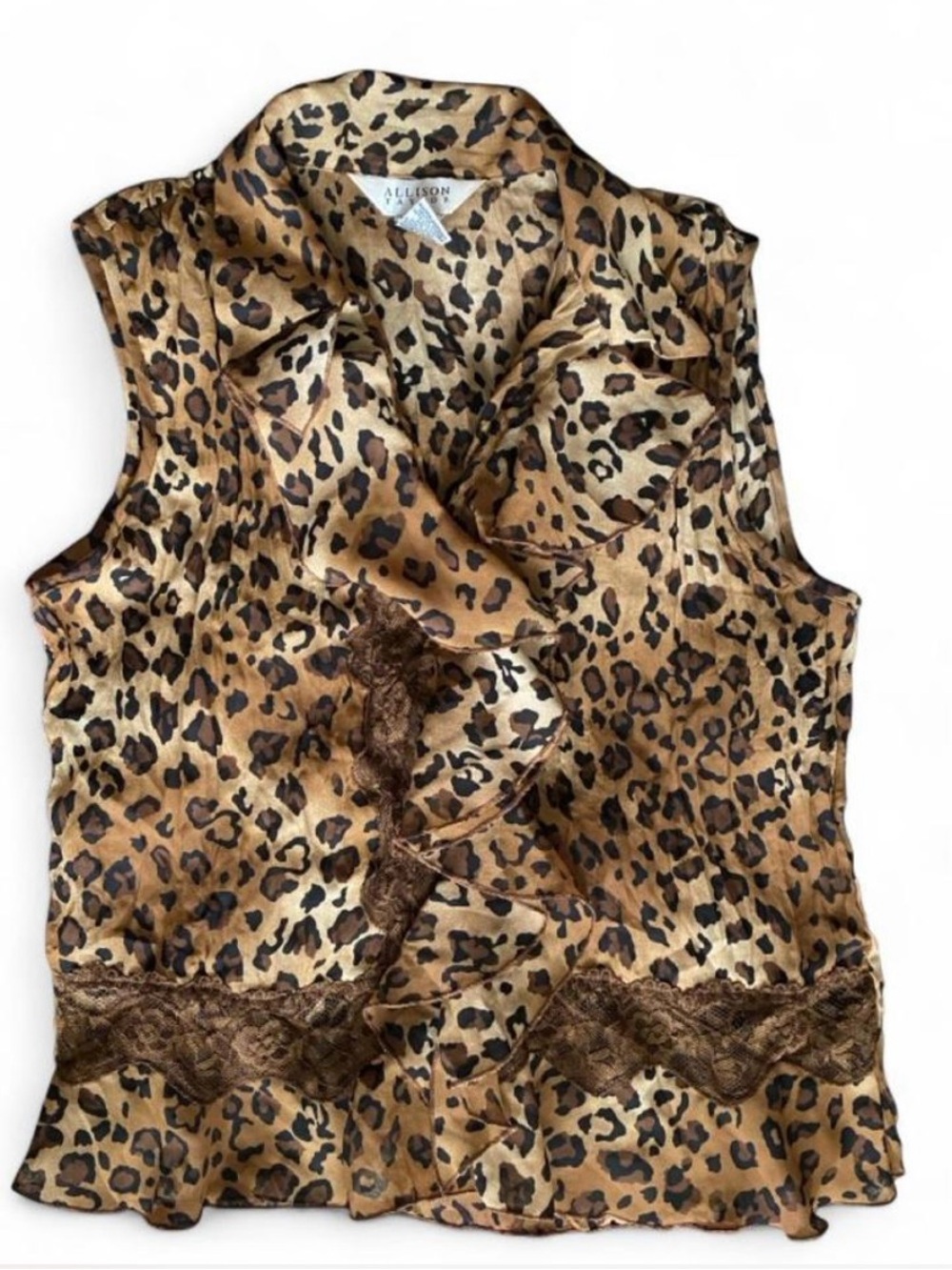 Allison Taylor Gold and Brown Leopard Ruffle Sleeveless Blouse